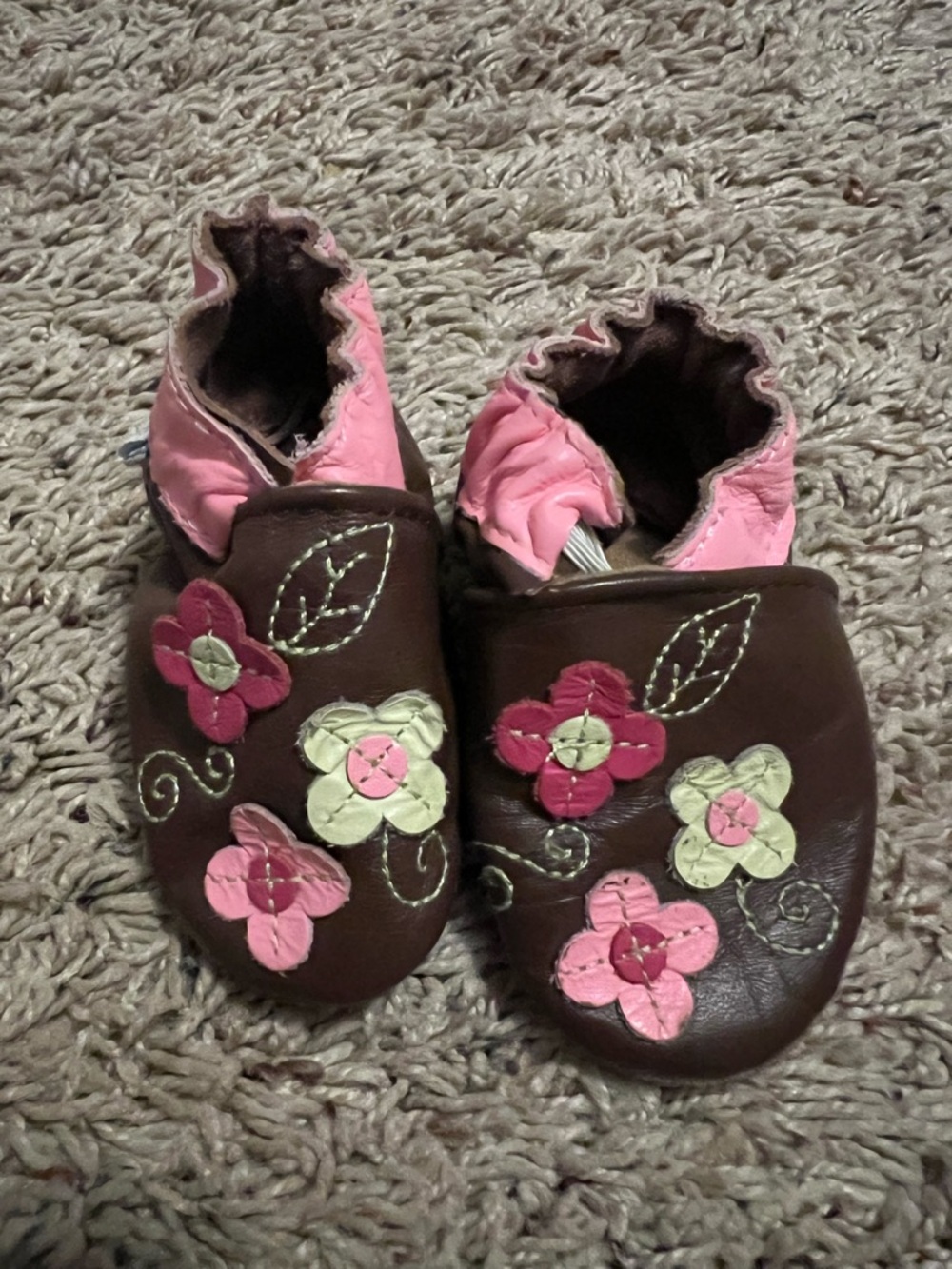 Robeez Brown Leather Baby Slip-Ons with Pink and Cream Floral Appliques